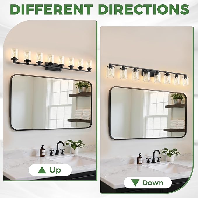 55 Inch 8-Light Black Bathroom Vanity Light Fixture Over Mirror | Modern Vanity Mirror Light Fixture, Large Bathroom Wall Light With Clear Glass Shade, Wall Sconce for Bedroom Hallway