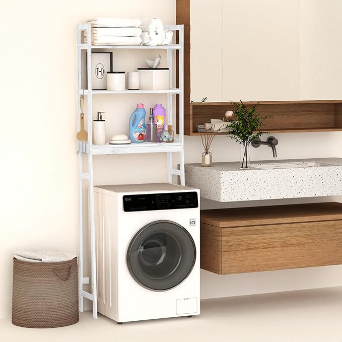 BAMBANG Over The Toilet Storage Rack, 3-Tier Over The Toilet Storage Shelf with 3 Hooks, Freestanding Above Toilet Bathroom Organizer Shelves for Space Saver Storage, Bamboo White