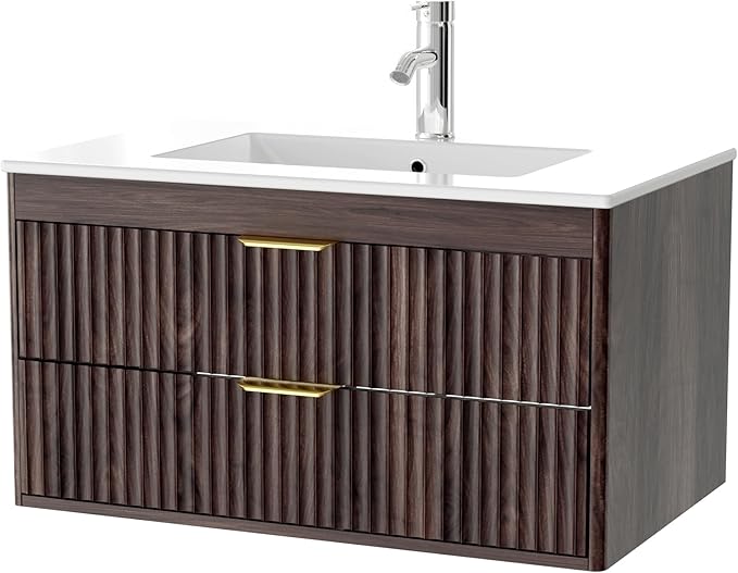 30 Inch Floating Bathroom Vanity with Sink, Bathroom Wall Cabinet with 2 Fluted Drawers & Metal Handle, Wall Mounted Cabinet for Bathrooms (Brown, 30 inch, with Sink)