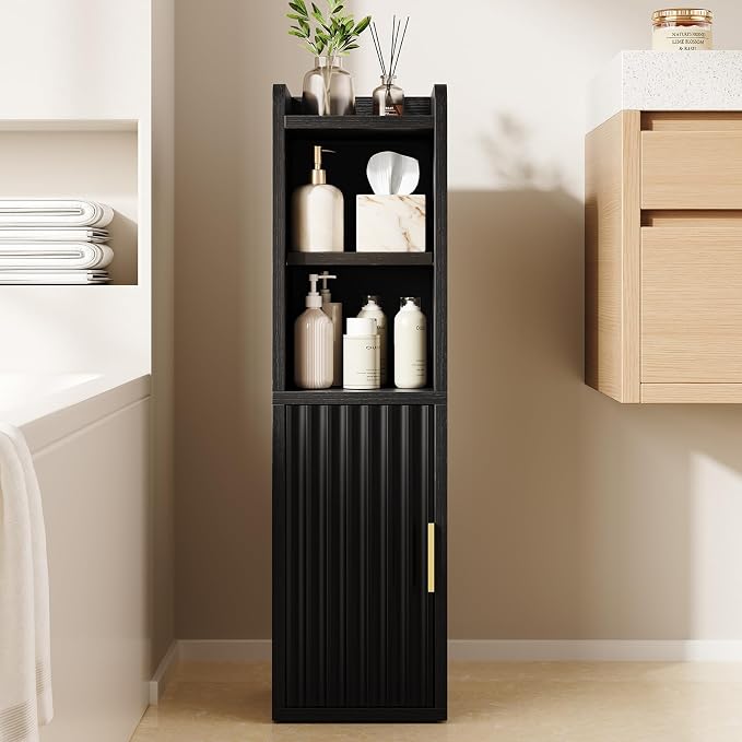 Yoobure Fluted Small Bathroom Storage Cabinet, Narrow Toilet Paper Cabinets | 7.9" D x 7.9" W, Wood Slim Corner Floor Cabinet with Door& Adjustable Shelf, Skinny Bathroom Organizer for Small Spaces,Black