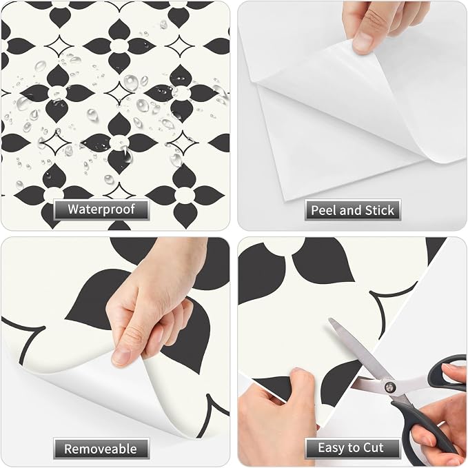 MORCART Peel and Stick Floor Tile Star Waterproof Vinyl Flooring DIY Flooring for Bathroom, Kitchen, Fireplace, Pet House, Stairs, Bedrooms, Wall, Store(20PCS,7.87" x 7.87",Black+White)