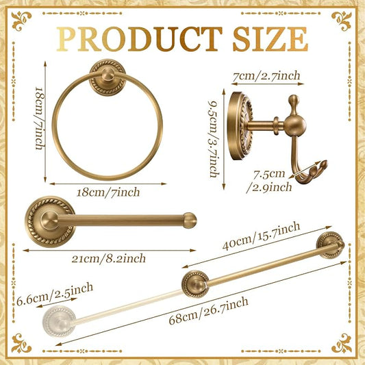 4 Pcs Antique Brass Gold Bathroom Accessories Set Wall-Mounted Adjustable Towel Rack & Round Towel Ring & Toilet Paper Holder & Robe Hook, Wall Mounted Brass Vintage Bath Hardware Set