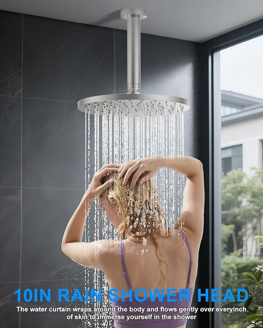 Shower System with Pressure Balance Valve, 10" Ceiling Mount Shower Faucet Set with 2 Rain Head and Multi-function Handheld Push Button Diverter Valve Kit,Brushed Nickel