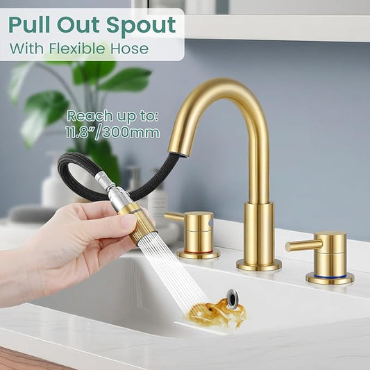 Brushed Gold Bathroom Faucet 3 Hole with Pull Out Sprayer, 8 inch Widespread Bathroom Faucets with Pop Up Drain, Bathroom Sink Faucet with 360° Swivel Spout, 2 Handle Vanity Faucet