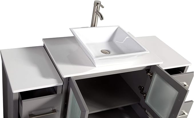 Vanity Art 54 Inch Vessel Single Sink Bathroom Vanity Cabinet with 1 Mirror, Engineered Marble Top Bathroom Cabinet Compact Set with 8 Dovetail Drawers and Soft Closing Doors, VA3130-54-G