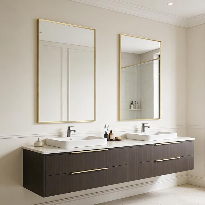 Bathroom Wall Mirror, 40" x 30" Brushed Gold Vanity Mirror for Over Sink | Rectanglar Sleek Beveled Framed Mirror for Over Sink, Tempered Glass, Anti-Rust, Hangs Horizontally or Vertically