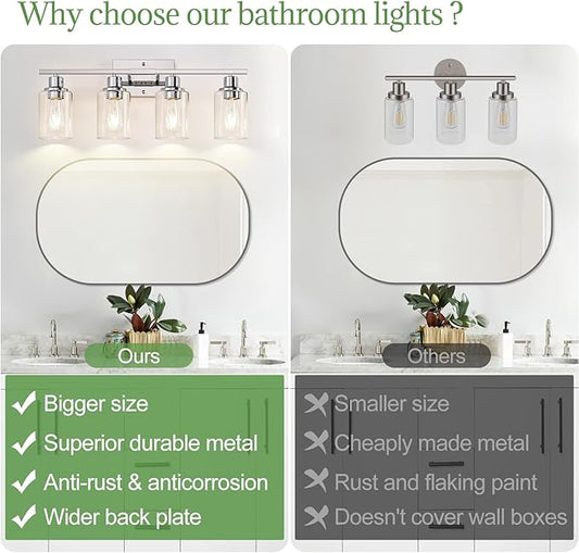 Indoi 4-Light Bathroom Light Fixtures, Chrome Modern Vanity Lights with Clear Glass Shades, Bathroom Wall Lamp for Mirror Living Room Cabinet Bedroom Porch