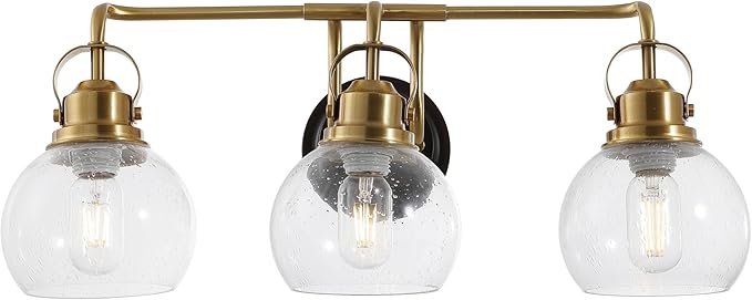 JONATHAN Y 24" Brass Gold/Oil Rubbed Bronze Shirley 3-Light Bathroom Vanity Light, Metal Wall Sconce, Clear Seeded Glass Shade, Modern Transitional Farmhouse Fixture, LED Bulbs Included (JYL7405B)