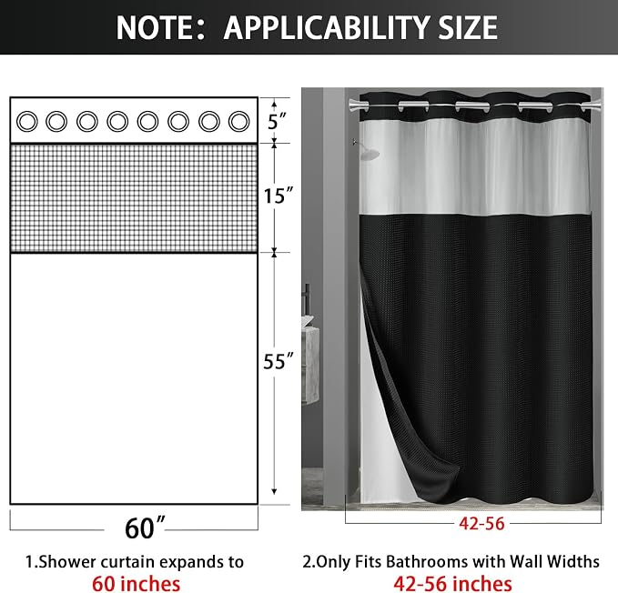 No Hook Shower Curtain with Liner Set Hotel Waffle Curtain Black 60W X 75L | Washable Snap in Fabric Liner, Mesh Top Window, Waffle Hotel Style Shower Curtain Set