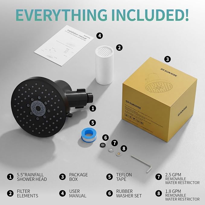SR SUN RISE Filtered Shower Head with Filters,High Pressure Rain Shower Head,20-Stage Shower Filter,1.8/2.5 GPM Flow Rate,6 Spray Modes for Hard Water Softener,Remove Chlorine (Black,5.5 Inch)