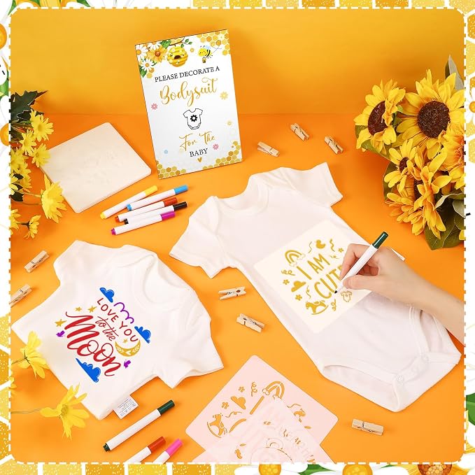 Panitay 126 Pcs Baby Shower DIY Bodysuit Set Bib 25 Blank White Newborn Bodysuit 25 Stencils 24 Marker 1 Sign 50 Pins(Bee)