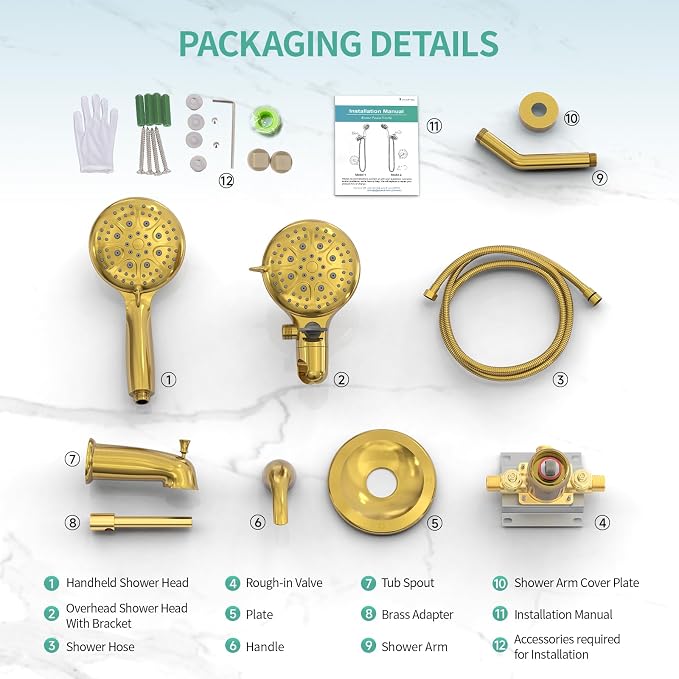 SR SUN RISE Dual 2 in 1 Shower System with Tub Spout,Brushed Gold | 3-Way Diverter Rain Shower Combo Set,6 Spray Setting,High Pressure,Soild Brass,Included Valve and Trim Kit