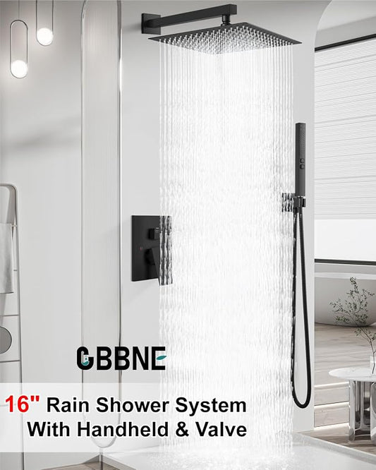 Shower Faucet Set 16-Inch Rain Shower System Matte Black | Square SUS304 Shower Head, Dual-Mode Hand Spray, 59-Inch Hose and Brass Rough-In Valve for a Complete Wall-Mount Installation