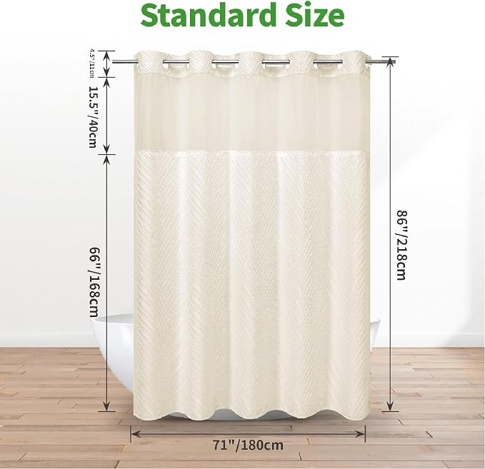 eachope no Hook Shower Curtain and Liner Set,Boho Style with See Through Top Window, Cream Fabric Tufted Striped Textured Outer Curtain & Waterproof Inner Liner, Beige/Cream, 71Wx86H
