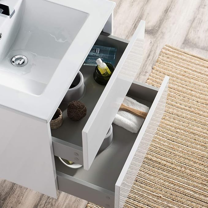 Blossom 24" Modern Bathroom Vanity and Sink Combo - Zero MDF Marine Grade Plywood Wall Mount Vanity - Preassembled Small Space Bathroom Storage, Glossy White Floating Sink Cabinet