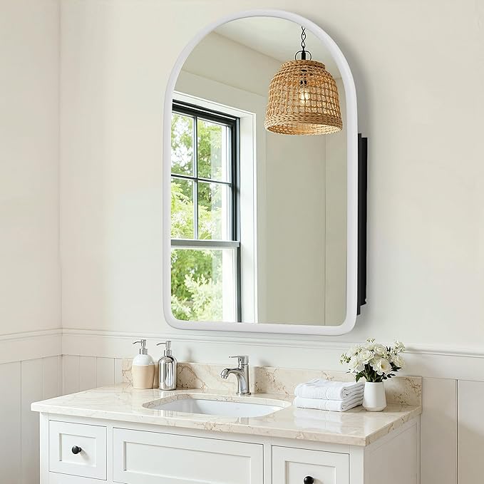 Casaphoria 36" H x 24" W Arched Bathroom Medicine Cabinet with Mirror, Wooden Frame and 2 Adjustable Shelves Wall Medicine Cabinets Mirrors, White