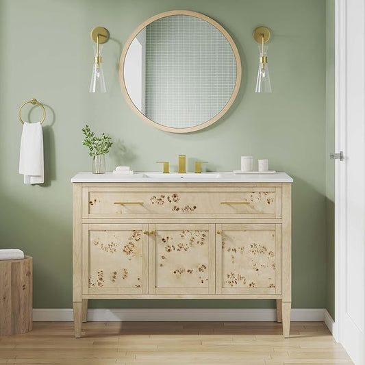 Modway Elysian 48" Wood Single Bathroom Vanity in White Burl with Ceramic Sink Basin
