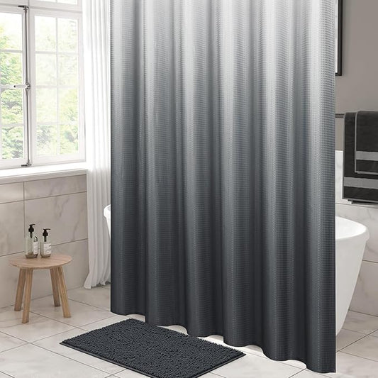 MitoVilla Grey Ombre Waffle Small Stall Shower Curtain 36 x 72, Half Size Fabric Narrow Shower Curtains for Bathroom Decor, 36 inch Weighted Shower Curtain Set with Plastic Hooks