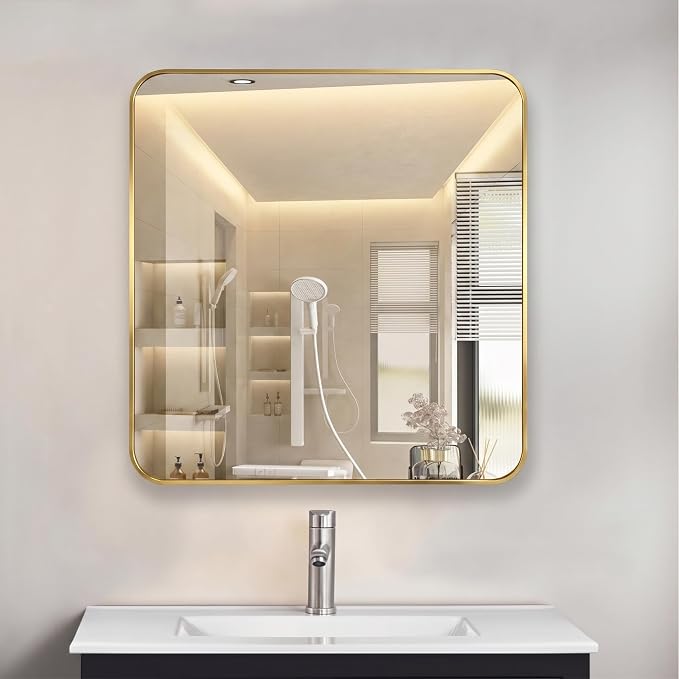 24" x 24" Bathroom Medicine Cabinet with Mirror Door, Brush Gold Stainless Steel Frame, Recessed or Surface Mounted,Storage Cabinet with Adjustable Metal Shelves,Upgraded Version