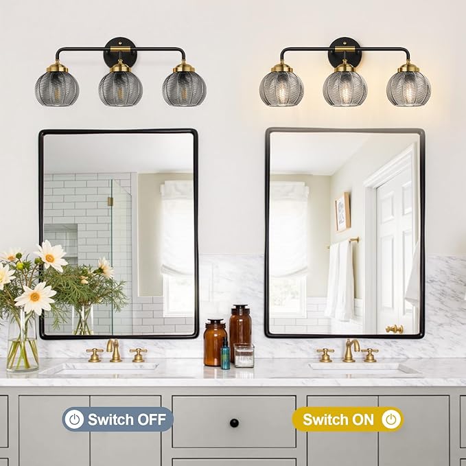 Bathroom Light Fixtures, 3-Light Smokegray Vanity Lights with Unique Leaf Texture Glass Shade, Modern Matte Black and Gold Bathroom Wall Lamp for Mirror Hallway Cabinet Living Room