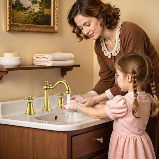 Hurran 8 Inch Widespread Bathroom Sink Faucet Brushed Gold, 3 Hole 2 Cross Handles Classic Vintage Antique Faucet with Metal Pop Up Drain and Supply Hoses for Vanity, RV, Farmhouse