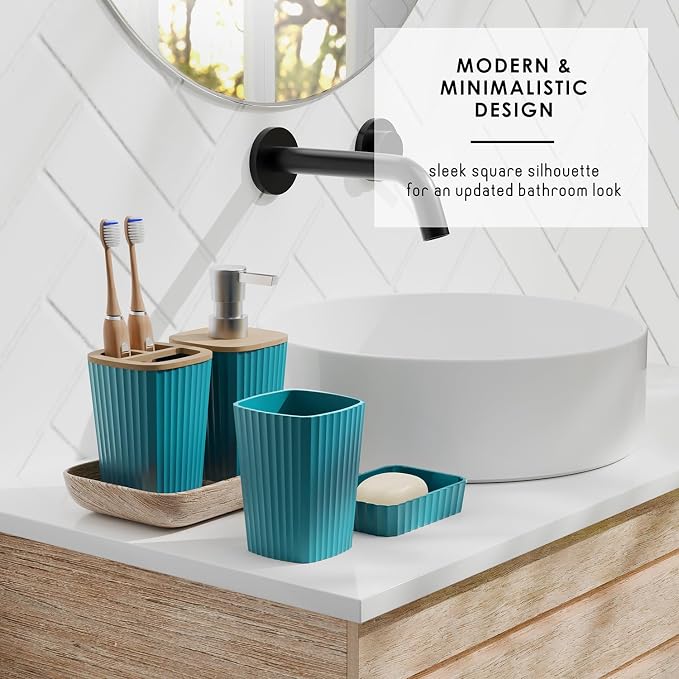 Clara Clark Teal Bathroom Set, Shower Curtain Set, Bathroom Accessory Set | 20 Piece Bathroom Accessories Set with Toothbrush Holder, Soap Dispenser, Soap Dish, Toilet Brush, and Bathroom Trash Can