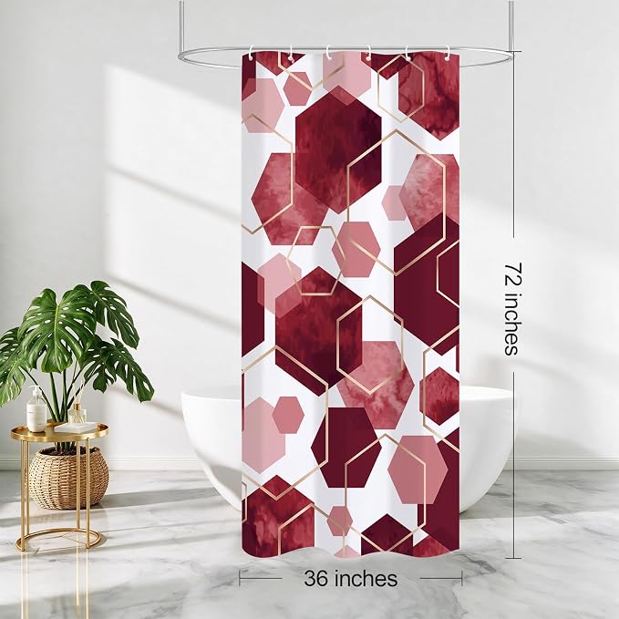 Litabel Small Stall Shower Curtain Set, Geometric Bathroom Decor 36x72 | Narrow Half Modern Minimalist Shower Curtais, Burgundy Geometric Art Print Abstract Waterproof Bath Curtain