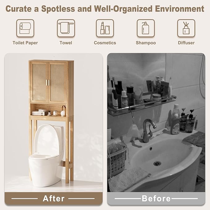 Over the Toilet Storage Cabinet, Bathroom Storage Cabinet with Rattan Doors, Bathroom Cabinet Over Toilet with Adjustable Shelf, Tall Freestanding Over Toilet Bathroom Organizer, Boho Natural Style