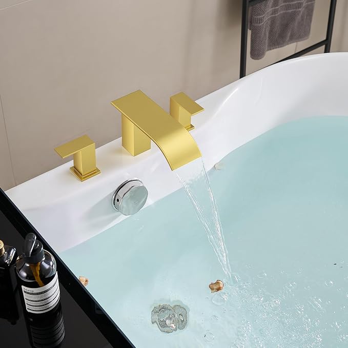 RUMOSE Roman Bathtub Faucet Set Waterfall Tub Faucets Brushed Gold | High Flow Widespread 6-16 Inch 3 Holes Deck Mount Tub Filler 2 Handles Bathtub Filler Soaking Bath Faucet
