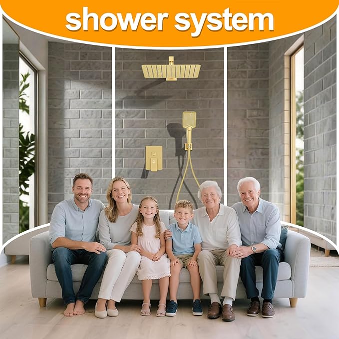 Shower System Modern Rain Brass Faucet Set With Valve and Diverter Shower Mixer With Handheld High Pressure Square Rainfall Shower Valve (12'' Wall Mount, Brushed Gold)