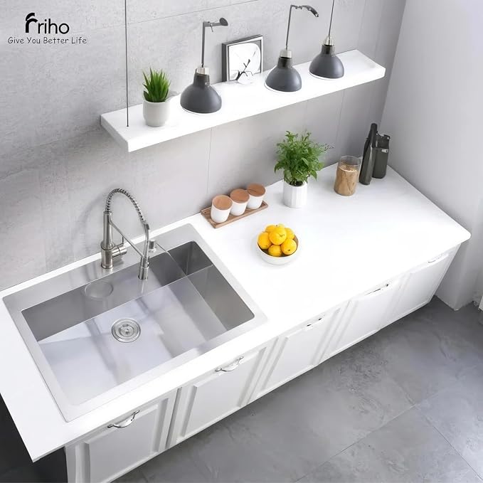 Friho 33x22 Inch Drop In Kitchen Sink, Top Mount Silver SUS304 Stainless Steel Single Bowl, 18 Gauge Handmade Sink with Basket Strainer