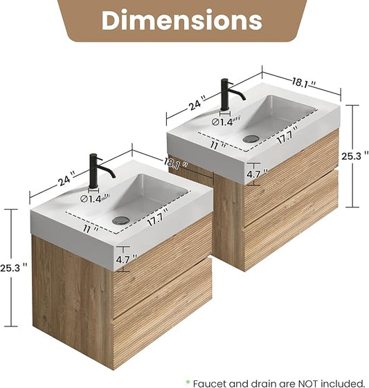 48" Floating Bathroom Vanity with Sink Combo, Modern Floating Double Sink Bathroom Vanity with Solid Surface Tops & 4 Soft-Closing Drawers, Large Storage for Powder Room, Apartment, Rough Oak