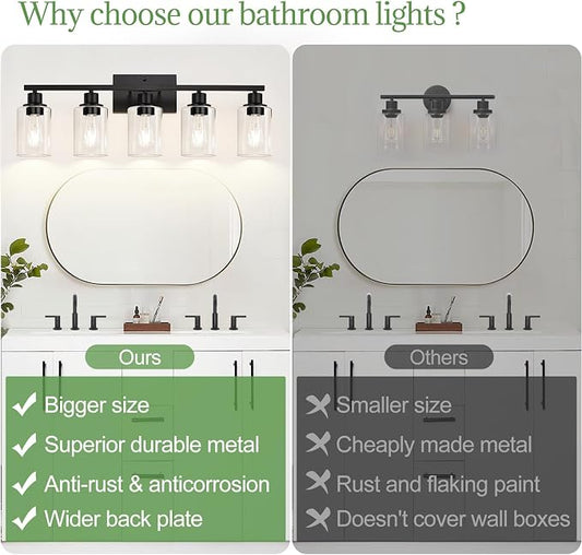 Indoi 5-Light Bathroom Light Fixtures, Matte Black Modern Vanity Lights with Clear Glass Shades, Bathroom Wall Lamp for Mirror Living Room Cabinet Bedroom Porch