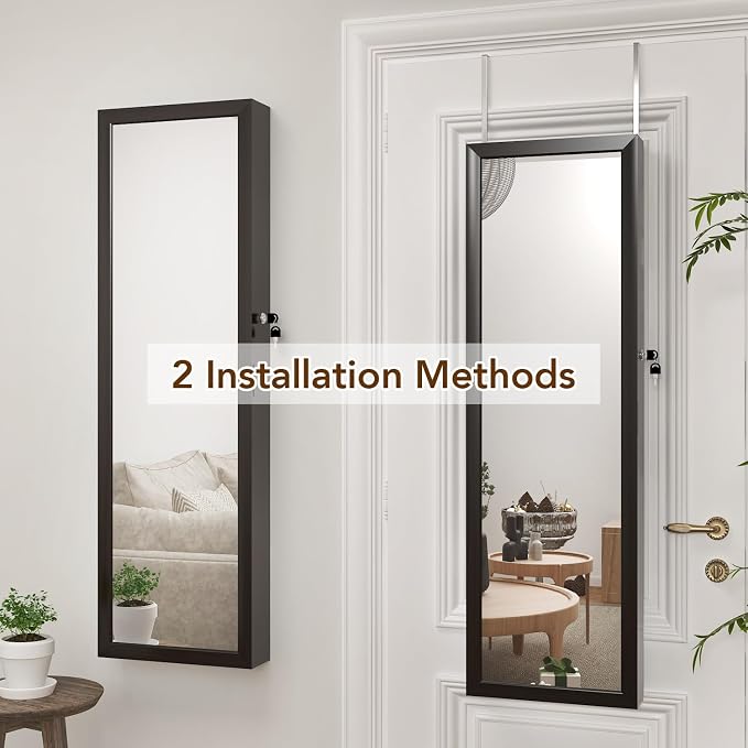 8 LED Lights Jewelry Armoire with Mirror Cabinet Door/Wall Mounted | 47.3' H Mirror With Storage And 2 Drawers - Brown