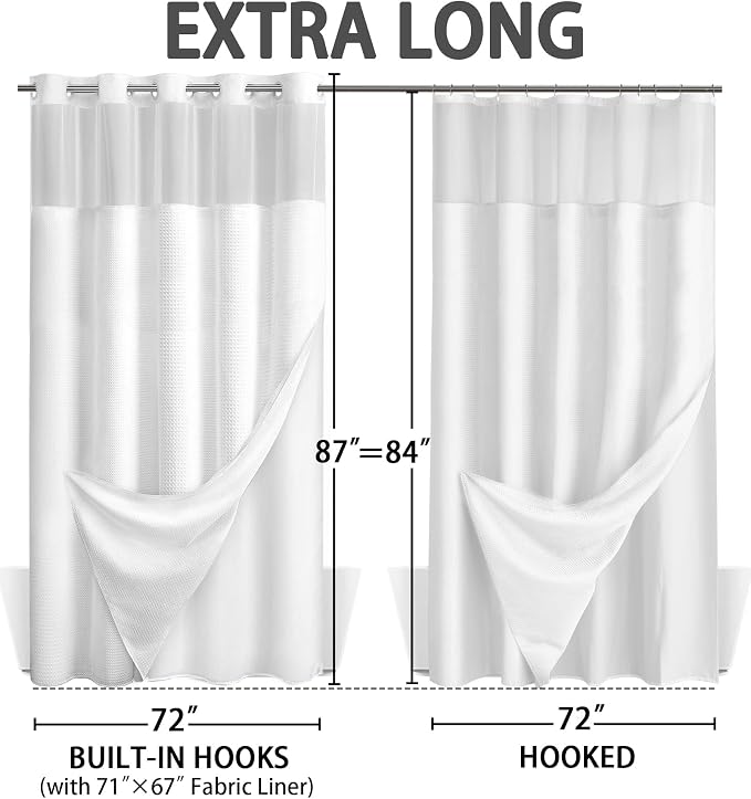 No Hook Shower Curtain and Liner Set,White Hotel Waffle Shower Curtain with Liner 87" L x 72" W