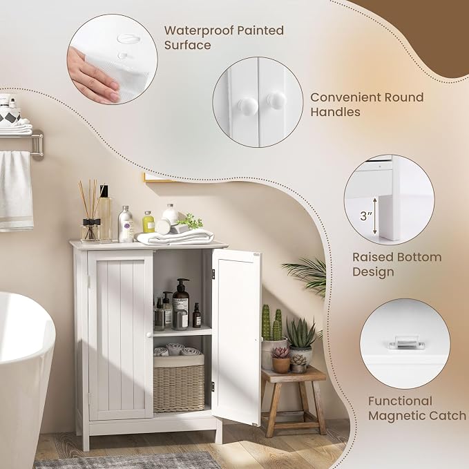 COSTWAY Bathroom Storage Cabinet, Freestanding Bathroom Organizers and Storage with Doors & Adjustable Shelf, Wooden Floor Cabinet for Home, Living Room, Entryway, Kitchen (White) | Storage with Doors & Adjustable Shelf, Wooden Floor Cabinet for Home, ...