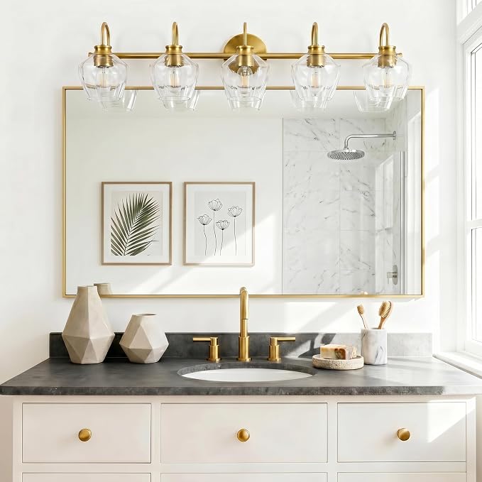 Brushed Gold Vanity Light, 5 Light Bathroom Light Fixtures with Clear Diamond-Shape Hammered Glass, Brass Vintage Ripple Wall Lights for Hallway, Bedroom, Anti-Rust, E26 Base (No Bulbs)