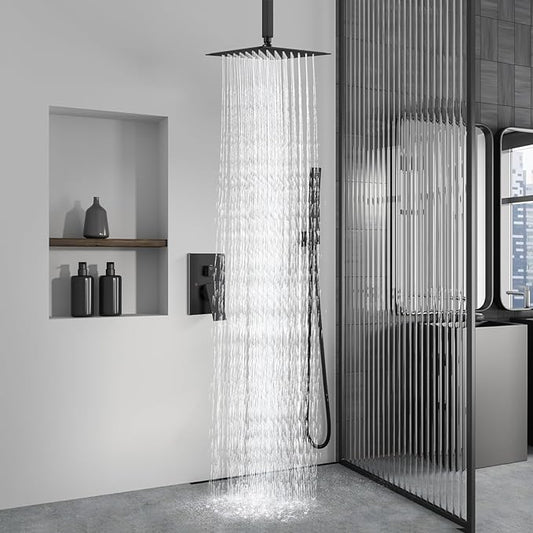 Aolemi Ceiling Shower Faucet with Handheld 12 Inch Head Matte Black | Shower Valve and Trim Kit,SUS304 Rain Head and Handle Set System,All Metal,Bathroom, Handheld Spray