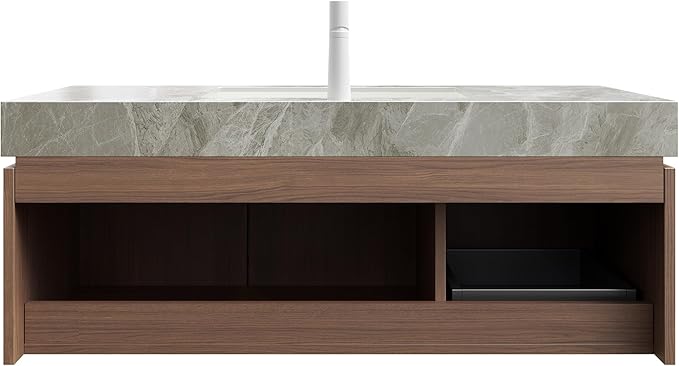 KEIKI 48 Inch Floating Bathroom Vanity with Sink, Modern Wall Mounted Storage Cabinet with Drawer, Pre-Assembled Waterproof Wood Panels, Sintered Stone Top & Ceramic Basin Combo Set, Brown Oak & Grey