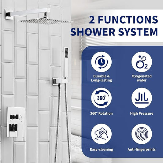 BWE 10 Inch Chrome 2-Faction Wall Mounted Bathroom Luxury Shower System Set | Brass and Stainless Steel,Rainfall Shower Head,Handheld Shower Head,Pressure Balance Valve,Escutcheon Plate,Hotel,Bath Center
