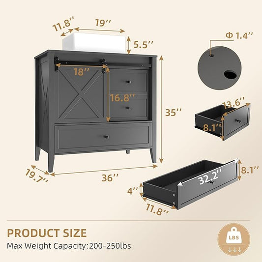 VNN Bathroom Vanity with Sink - 36 Inch Bathroom Vanity with Sink Ceramic, Freestanding Cabinet with Farmhouse Sliding Barn Door and 3 Drawers, Space-Saving Storage Cabinet, Grey