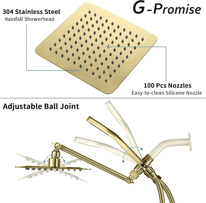 G-Promise All Metal 8" Rain Shower Head with Handheld for Bathroom Upgrade | All Metal, Built to Last, Easy Install, Adjustable Height & Angle for All Heights, Extra Long Hose, Modern Upgrade