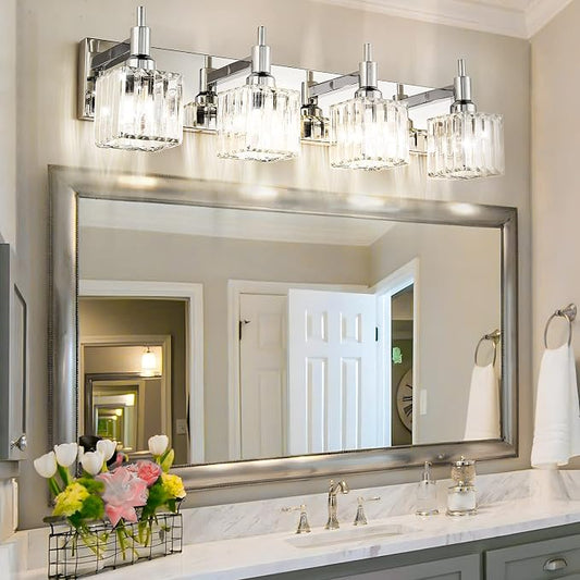 Modern Crystal Bathroom Vanity Light 4-Light Wall Light Fixtures Over Mirror Chrome Vanity Lighting for Bathroom Square Shade Wall Sconce