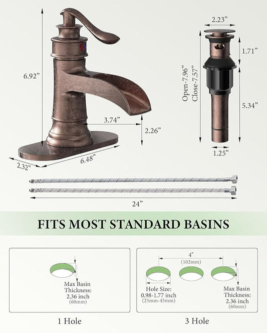 Homevacious Bathroom Faucet Copper Waterfall Bathroom Sink Faucets with Single Handle Rustic Vanity Farmhouse RV Faucet Suitable for 1 or 3 Holes with Pop-up Drain Deck Plate Hose