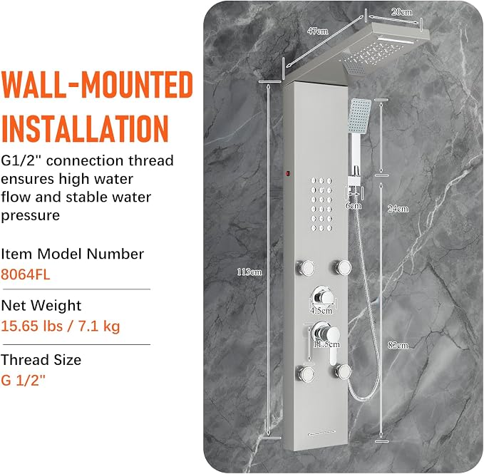 Fuz LED Shower Panel Tower System, 5 Function Stainless Steel Brushed Nickel Shower Tower with Rainfall Shower Head and Handheld, 4 Body Jets and Waterfall Tub Spout, High Pressure Shower Column