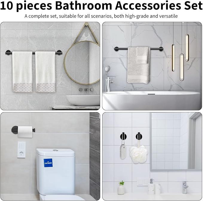 Newfun 10 Pieces Matte Black Bathroom Hardware Set 24 Inch | Include 24 inch Towel Bar, Robe Hook, Toilet Paper Holder, Stainless Steel Bathroom Accessories Set for Bathroom Wall Mounted