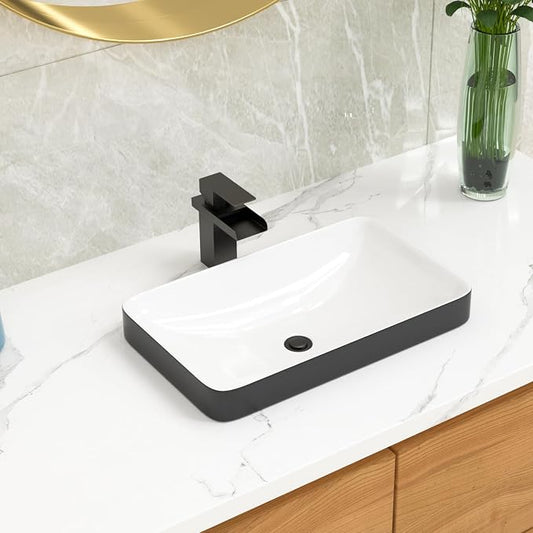 Lordear Vessel Sink Rectangle 19 Inch Bathroom Sinks 19"x12" Inch Semi Recessed Sink 5'' Deep Rectangular White Ceramic Modern Vanity Sink Bath Wash Above Counter Basin