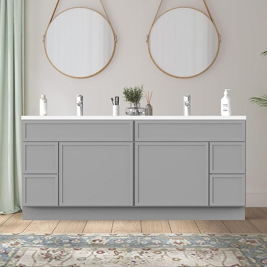 HomeBeyond 72 Inches Bathroom Vanity Base Cabinet Without Sink, Double Sink Top with Door & Soft Closing Drawers, Sturdy Floor Mounted Cabinet 2-Door 4-Drawer, Grey