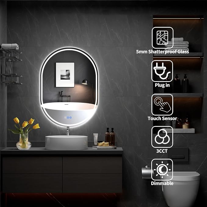 Oval LED Bathroom Mirror, 30"x 40" Frameless Lighted Mirror | LED Mirror with Front Light & Backlit, Anti-Fog, Dimmable Wall Mounted Lighted Mirror, Pill-Shaped Smart Bathroom Mirror