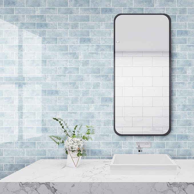 Tilingview 30 PCS Peel and Stick Backsplash Tile for Kitchen/Bathroom/Living Room, 3"x 9" Self-Adhesive Subway Tile for Backsplash, Imitation Glazed Tiles/Handmade Tiles (Glossy Pastel Blue)